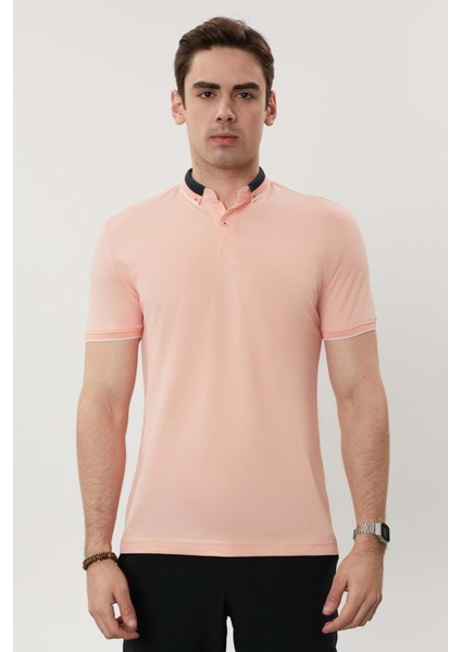 Triko Yaka Yakası Düğmeli Erkek Pembe Yakalı Tshirt