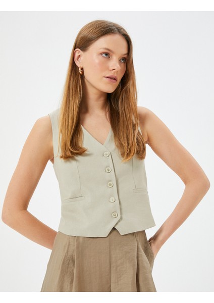 Keten Yelek Fleto Cep Detaylı V Yaka Slim Fit fiyatları