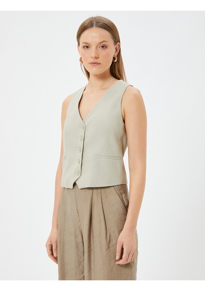 Keten Yelek Fleto Cep Detaylı V Yaka Slim Fit modelleri