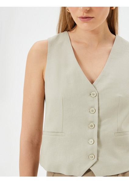 Keten Yelek Fleto Cep Detaylı V Yaka Slim Fit indirimleri