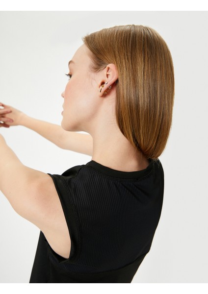 Spor Crop Kolsuz Tişört Bisiklet Yaka Rahat Kalıp