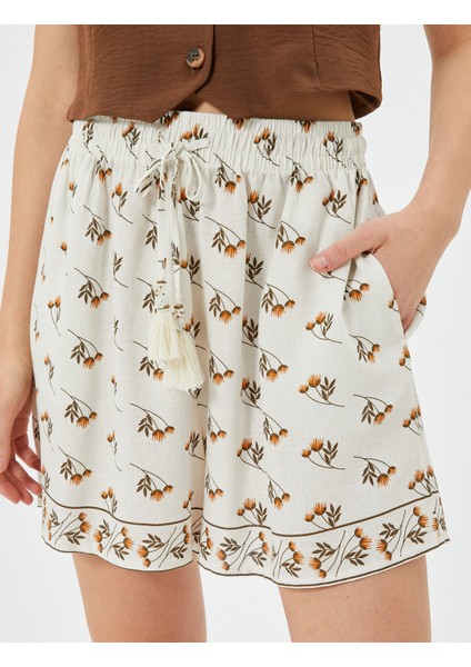 Çiçekli Keten Karışımlı Şort Beli Lastikli Bağlamalı indirimleri