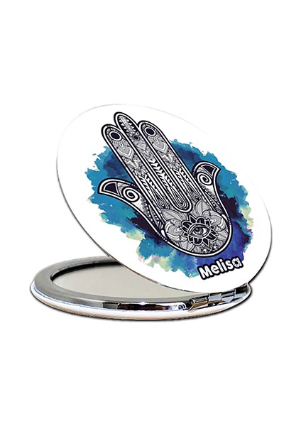 Fatıma'nın Eli Baskılı Ayna Yuvarlak Kişiye Özel Isim Baskılı Cep Aynası 7 Cm (Kapaklı Ve Büyüteçli)