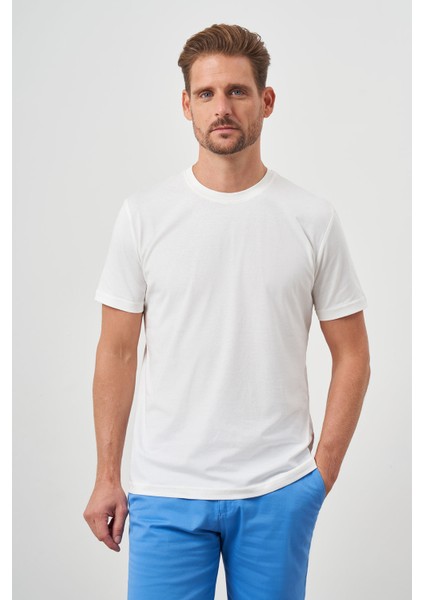 Erkek Ekru Basic Bisiklet Yaka Dynamic Fit T-Shirt