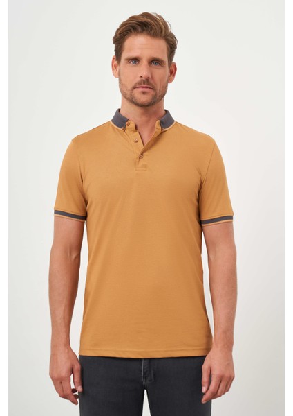 Erkek Oranj Trend Oxford Pike Düz Düğmeli Yaka Dynamic Fit T-Shirt