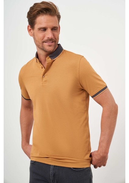 Erkek Oranj Trend Oxford Pike Düz Düğmeli Yaka Dynamic Fit T-Shirt