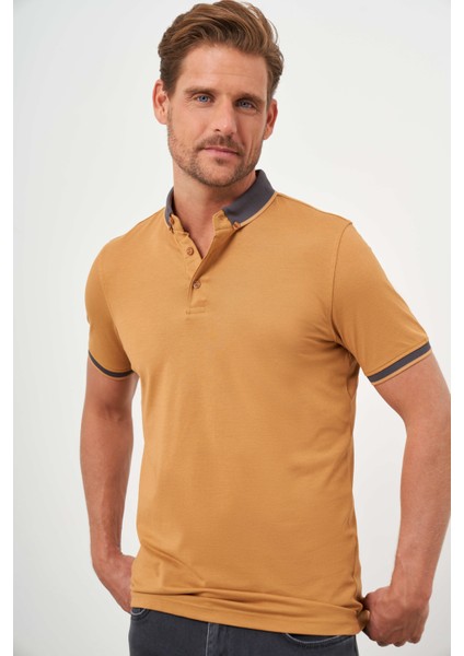 Erkek Oranj Trend Oxford Pike Düz Düğmeli Yaka Dynamic Fit T-Shirt