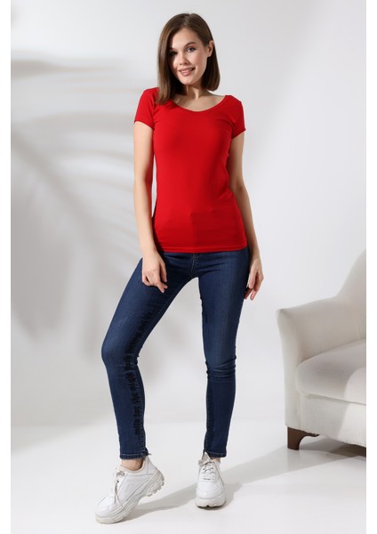 U Yaka Kısa Kol Penye Kompakt Likralı Basic T-Shirt 20511 Kırmızı