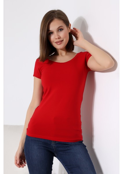 U Yaka Kısa Kol Penye Kompakt Likralı Basic T-Shirt 20511 Kırmızı fiyatları