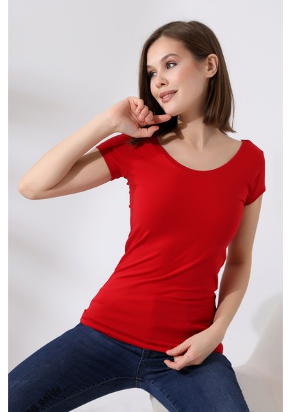 U Yaka Kısa Kol Penye Kompakt Likralı Basic T-Shirt 20511 Kırmızı modelleri