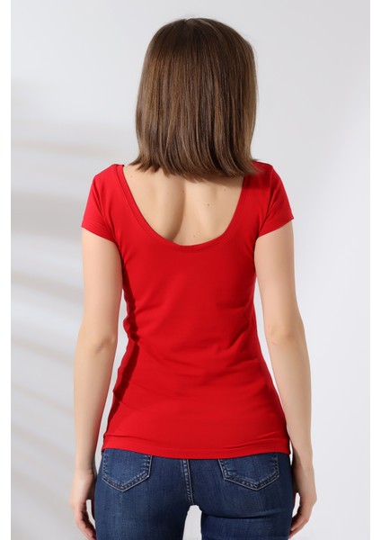 U Yaka Kısa Kol Penye Kompakt Likralı Basic T-Shirt 20511 Kırmızı fırsatları