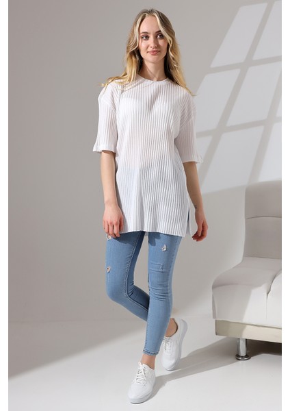 Oversize Yırtmaçlı Raporlu Tunik T-Shirt 21493 Beyaz