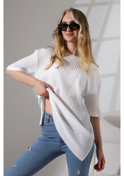 Oversize Yırtmaçlı Raporlu Tunik T-Shirt 21493 Beyaz fiyatları