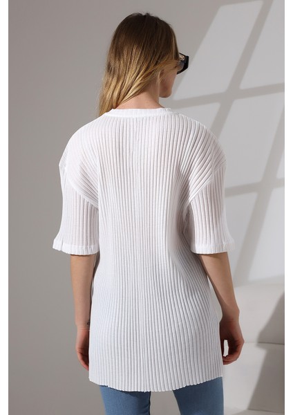 Oversize Yırtmaçlı Raporlu Tunik T-Shirt 21493 Beyaz fırsatları