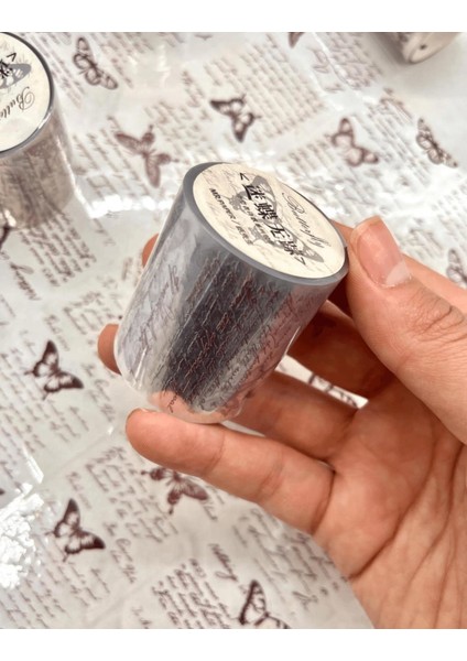 Butterfly Şeffaf İngilizce Yazılı Kelebek Desenli 3m Washi Bant/Masking Tape/Desenli Bant/Etiket/Çıkartma/Bullet Journal