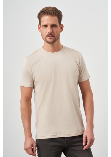 Erkek Bej Basic Bisiklet Yaka Dynamic Fit T-Shirt