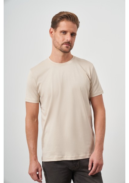 Erkek Bej Basic Bisiklet Yaka Dynamic Fit T-Shirt