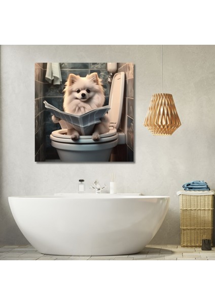 Tekli Kare Kanvas Banyo Tablosu Gazete Okuyan Krem Pomeranian