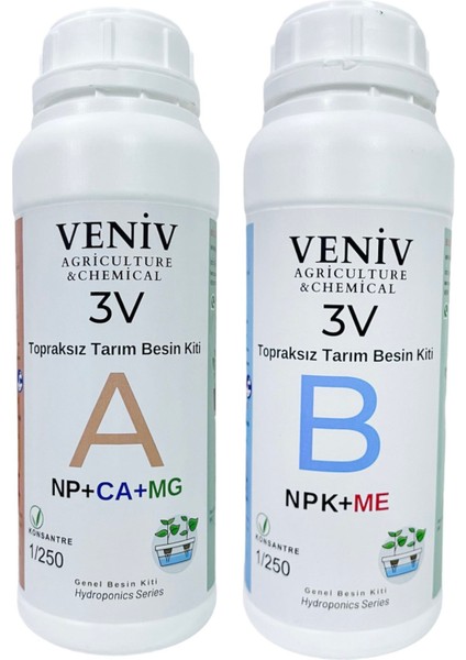 Veniv Agriculture 3V Topraksız Tarım Besin Seti(A+B) 2l- 250 Litre Konsantre