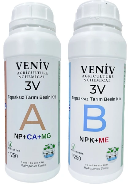 Veniv Agriculture 3V Topraksız Tarım Besin Seti(A+B) 2l- 250 Litre Konsantre