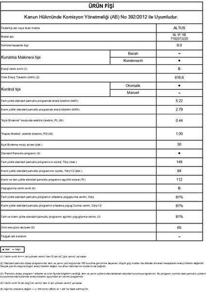 Al 91 Yb B Enerji Sınıfı 9 kg Kurutma Makinesi