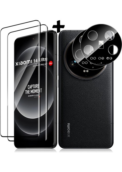 Xiaomi Mi 14 Ultra Uyumlu Kamera Lens Koruma Camı Siyah Çerceveli + Ekran Koruyucu Nano Esnek Cam Set (Birer Adet)