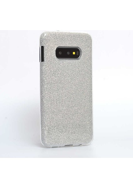 Galaxy S10E Kılıf Çift Katmanlı Simli Shining Sert Silikon Arka Kapak Gümüş