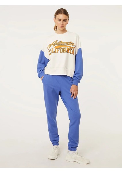 Oversize California Baskılı Bej&saks Mavi Eşofman Takım