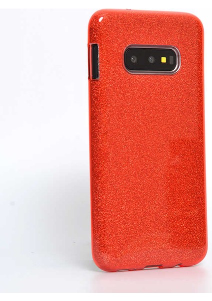 Galaxy S10E Kılıf Çift Katmanlı Simli Shining Sert Silikon Arka Kapak Kırmızı