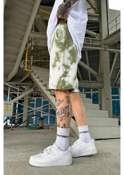Unisex Oversize Acid Wash Batik Desenli Cepli Şort