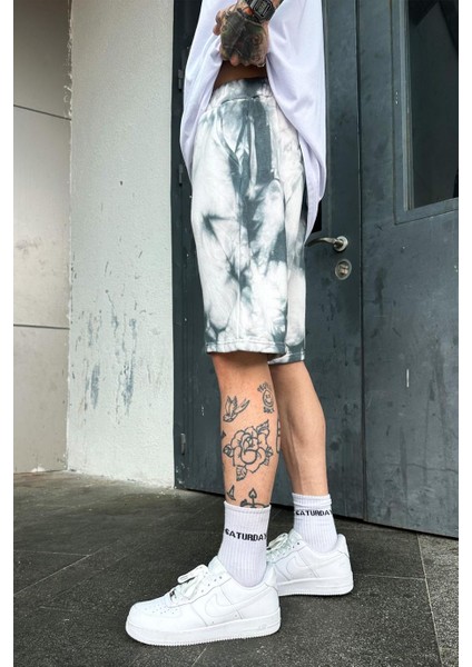 Unisex Oversize Acid Wash Batik Desenli Cepli Şort