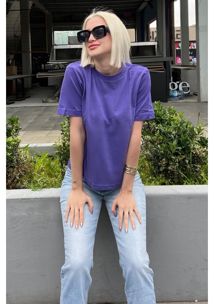 Mor Bisiklet Yaka Basic Kadın T-Shirt MG2075