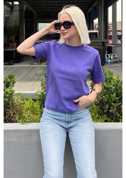 Mor Bisiklet Yaka Basic Kadın T-Shirt MG2075