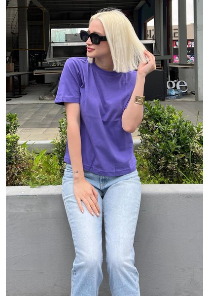 Mor Bisiklet Yaka Basic Kadın T-Shirt MG2075
