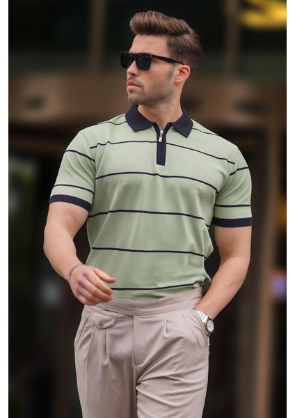 Çağla Yeşili Çizgili Polo Yaka Fermuarlı Tişört 6898