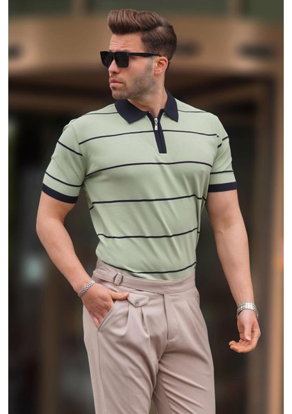 Çağla Yeşili Çizgili Polo Yaka Fermuarlı Tişört 6898 fiyatları
