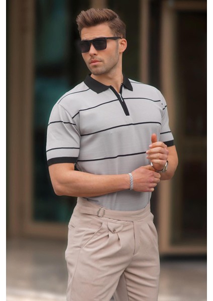 Gri Çizgili Polo Yaka Fermuarlı Tişört 6898