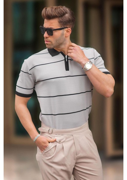 Gri Çizgili Polo Yaka Fermuarlı Tişört 6898 fiyatları