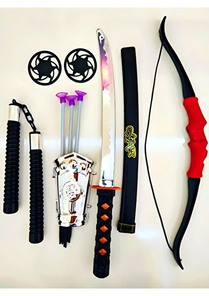 Ninja Samuray Savaşçı Kılıç ve Yay Seti - Katana Mınçıka Shuriken Yay Set - Oyuncak Ninja Savaş Kılıç ve Yay Set