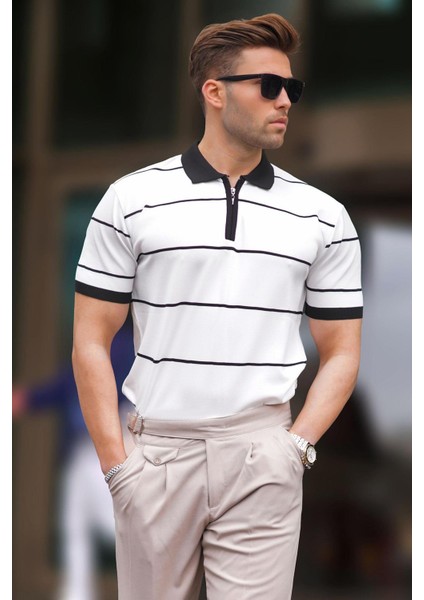 Beyaz Çizgili Polo Yaka Fermuarlı Tişört 6898