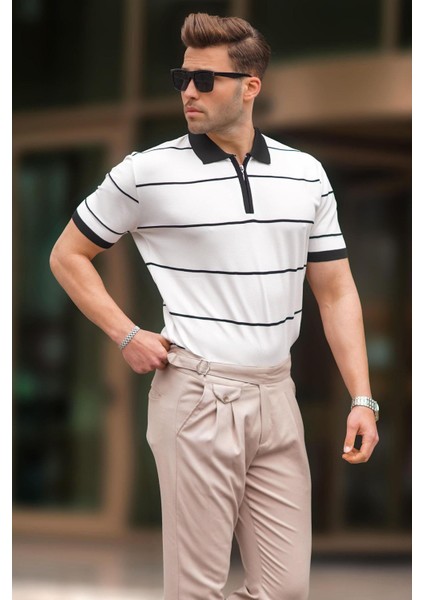 Beyaz Çizgili Polo Yaka Fermuarlı Tişört 6898 fiyatları