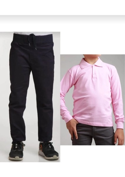 Unisex Çocuk Ribana Bel Lastikli Siyah Okul Pantolon + Uzun Kol Pamuk Lakos