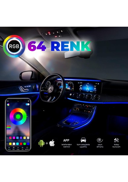 Araç Içi Ambiyans Aydınlatma Sistemi 64 Renk Rgb LED Bluetooth Destekli - Müzik ve Ses Duyarlı