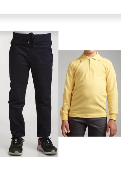 Unisex Çocuk Ribana Bel Lastikli Siyah Okul Pantolon + Uzun Kol Pamuk Lakos