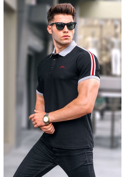 Siyah Kol Şeritli Polo Yaka Tişört 5888