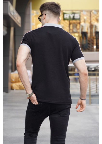 Siyah Kol Şeritli Polo Yaka Tişört 5888