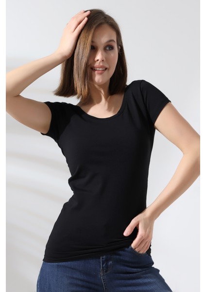 U Yaka Kısa Kol Penye Kompakt Likralı Basic T-Shirt 20511 Siyah modelleri