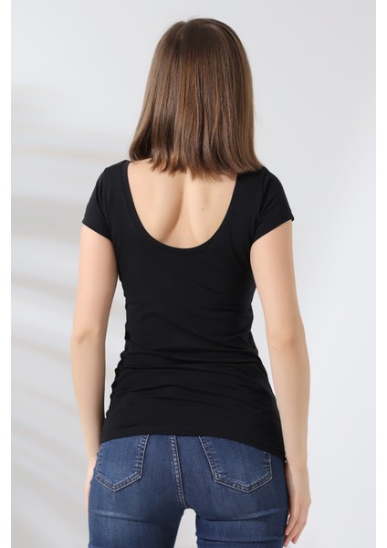 U Yaka Kısa Kol Penye Kompakt Likralı Basic T-Shirt 20511 Siyah fırsatları
