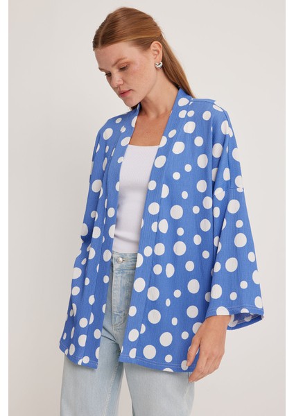 Kadın Mavi Beyaz Puantiyeli Örme Kimono 5862