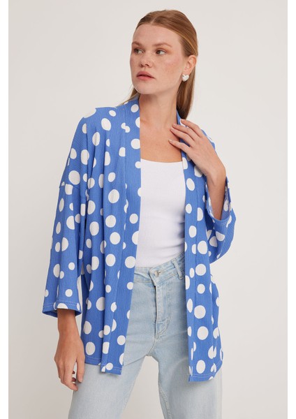 Kadın Mavi Beyaz Puantiyeli Örme Kimono 5862